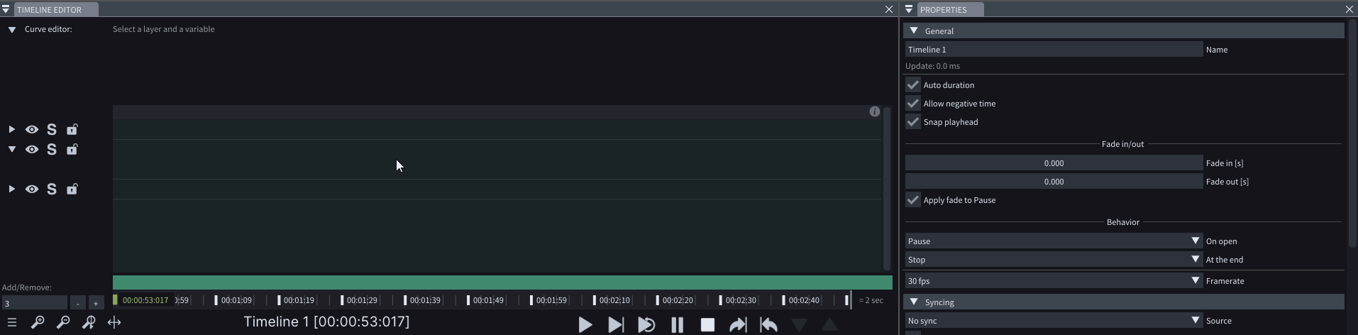 Demonstrating how creating a layer on the Timeline offers many Variables to choose from that can be edited in the Curve Editor